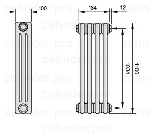 Схема (чертеж) Радиатор Zehnder Charleston 3110/4 №7610 Белый глянцевый RAL 9016
